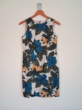 Vintage Carole Little Linen Floral Shift Dress in Blue & Gold